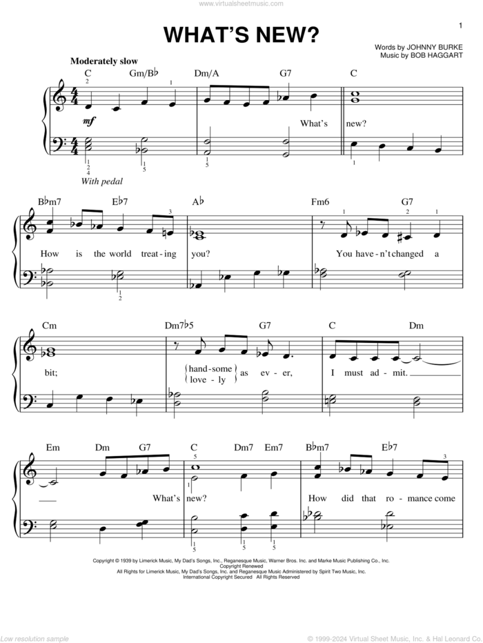 What's New? sheet music for piano solo by John Burke and Bob Haggart, easy skill level