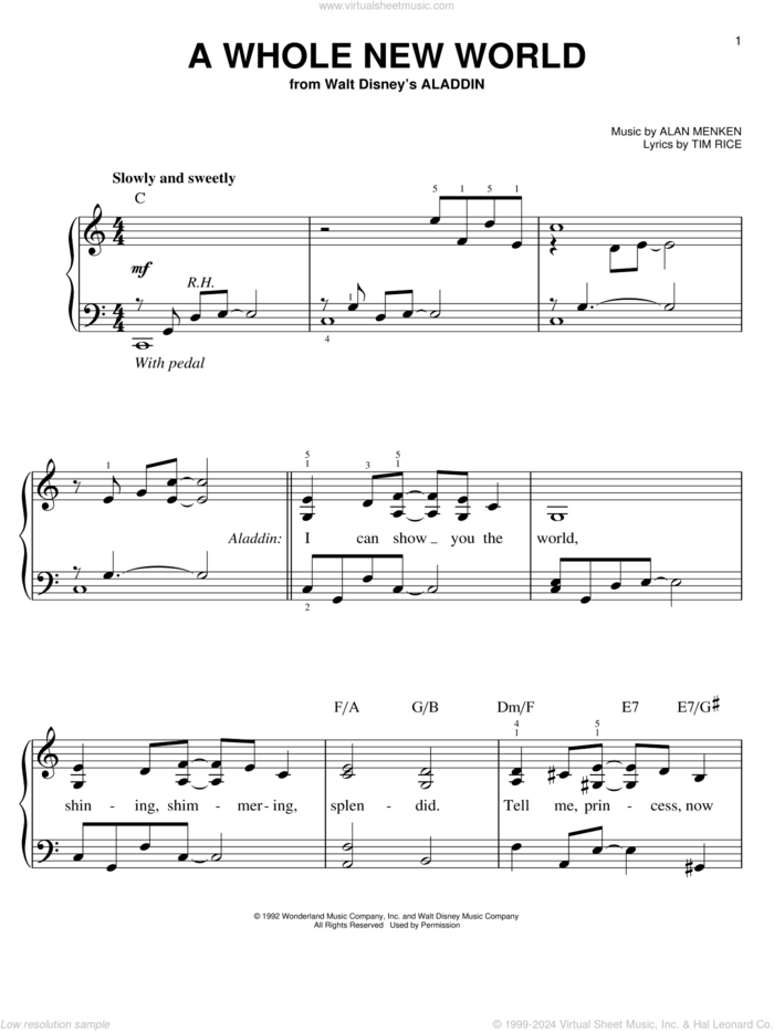 A Whole New World (from Aladdin) sheet music for piano solo by Alan Menken, Alan Menken & Tim Rice and Tim Rice, wedding score, easy skill level