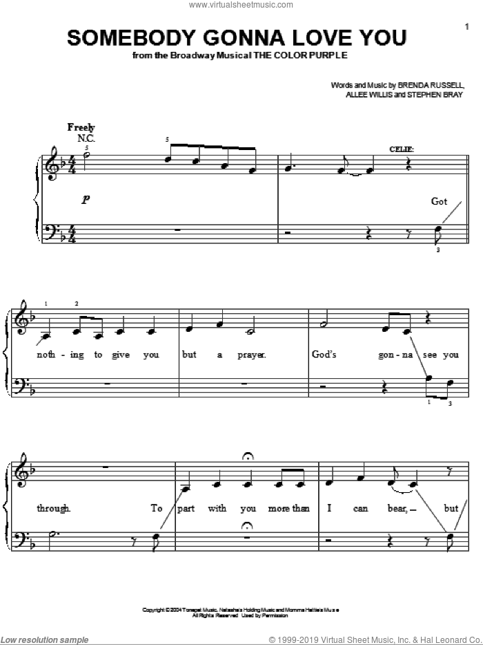 Somebody Gonna Love You sheet music for piano solo by The Color Purple (Musical), Allee Willis, Brenda Russell and Stephen Bray, easy skill level