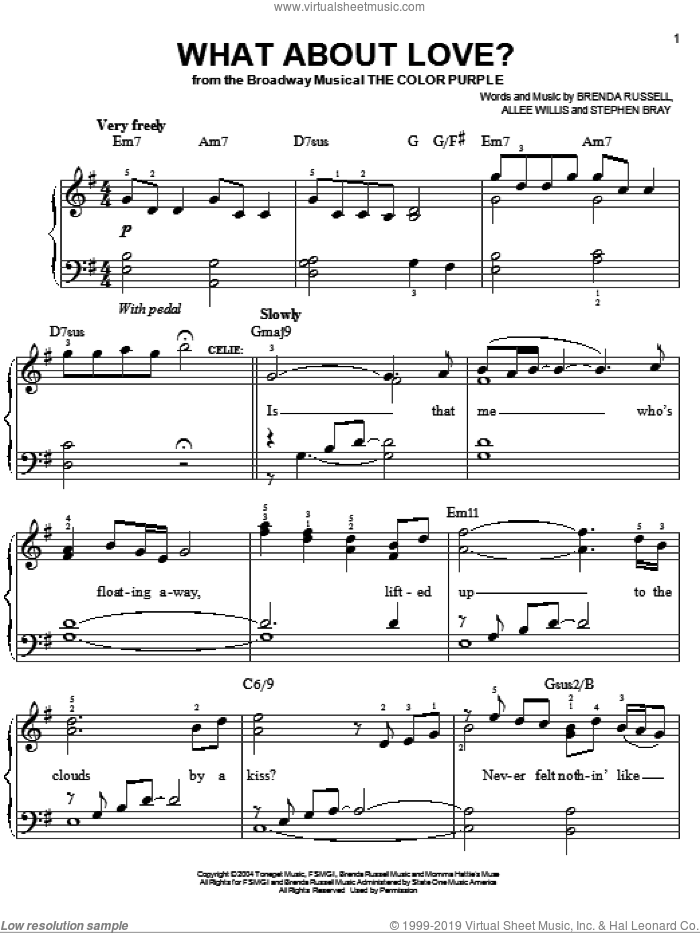 What About Love? sheet music for piano solo by The Color Purple (Musical), Allee Willis, Brenda Russell and Stephen Bray, easy skill level