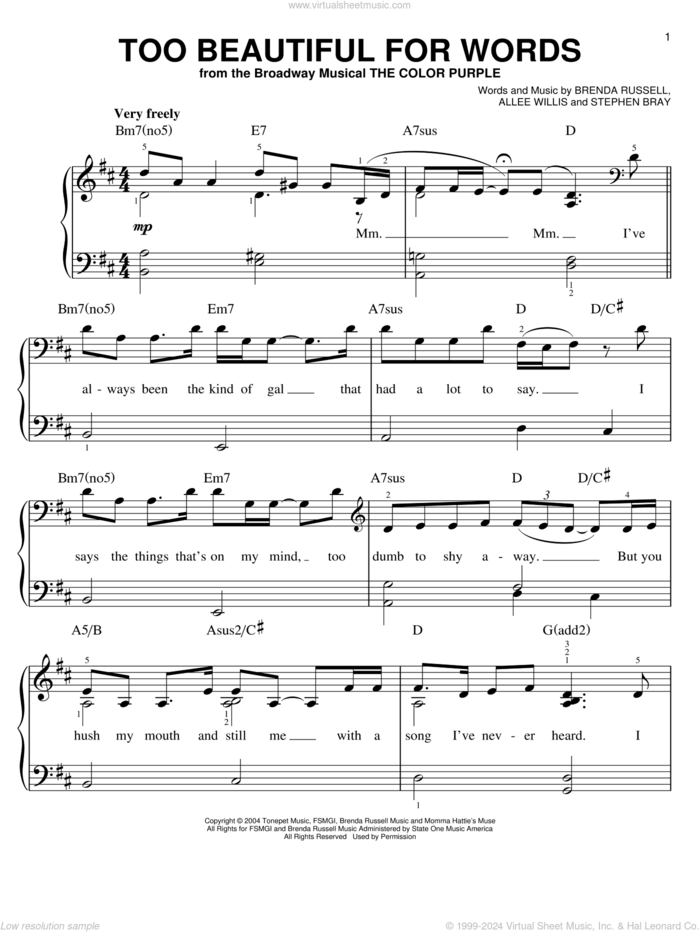 Too Beautiful For Words sheet music for piano solo by The Color Purple (Musical), Allee Willis, Brenda Russell and Stephen Bray, easy skill level