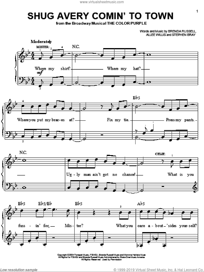 Shug Avery Comin' To Town sheet music for piano solo by The Color Purple (Musical), Allee Willis, Brenda Russell and Stephen Bray, easy skill level