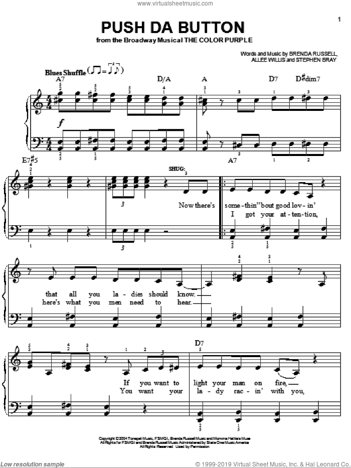 Push Da Button sheet music for piano solo by The Color Purple (Musical), Allee Willis, Brenda Russell and Stephen Bray, easy skill level