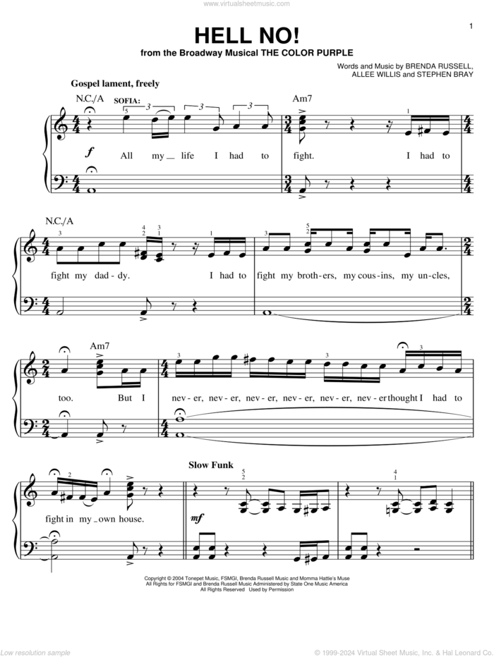 Hell No! sheet music for piano solo by The Color Purple (Musical), Allee Willis, Brenda Russell and Stephen Bray, easy skill level