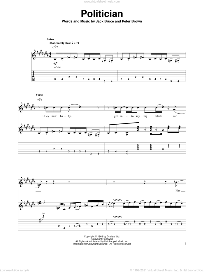 Politician sheet music for guitar (tablature, play-along) by Cream, Jack Bruce and Pete Brown, intermediate skill level