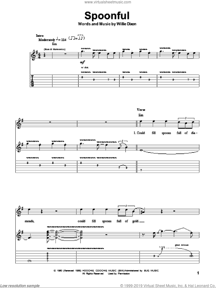 Spoonful sheet music for guitar (tablature, play-along) by Cream, Eric Clapton and Willie Dixon, intermediate skill level