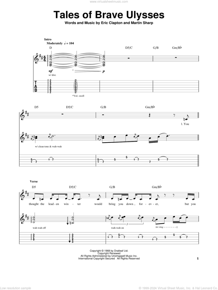 Tales Of Brave Ulysses sheet music for guitar (tablature, play-along) by Cream, Eric Clapton and Martin Sharp, intermediate skill level