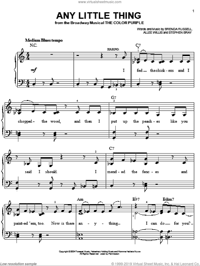 Any Little Thing sheet music for piano solo by The Color Purple (Musical), Allee Willis, Brenda Russell and Stephen Bray, easy skill level