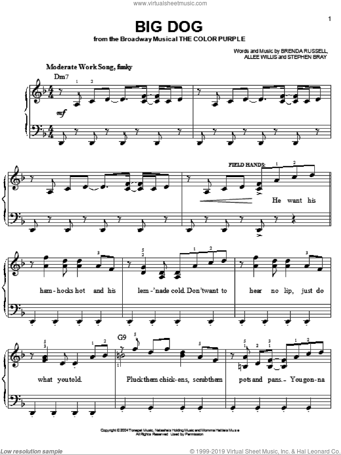 Big Dog sheet music for piano solo by The Color Purple (Musical), Allee Willis, Brenda Russell and Stephen Bray, easy skill level