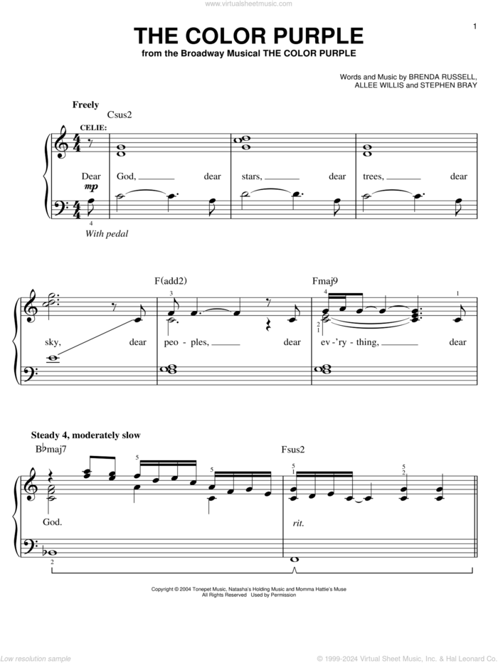 The Color Purple sheet music for piano solo by The Color Purple (Musical), Allee Willis, Brenda Russell and Stephen Bray, easy skill level