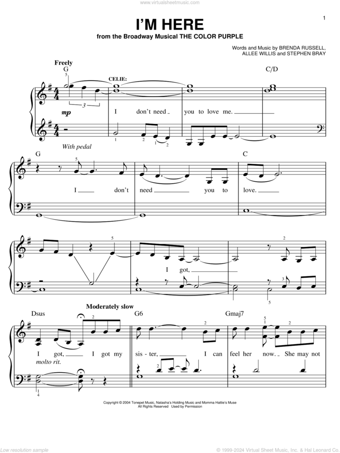 I'm Here sheet music for piano solo by The Color Purple (Musical), Allee Willis, Brenda Russell and Stephen Bray, easy skill level