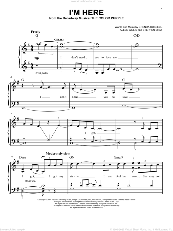 I'm Here sheet music for piano solo by The Color Purple (Musical), Allee Willis, Brenda Russell and Stephen Bray, easy skill level