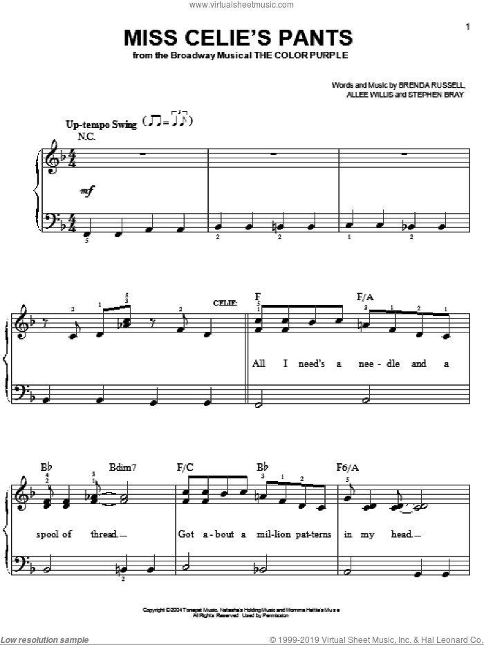 Miss Celie's Pants sheet music for piano solo by The Color Purple (Musical), Allee Willis, Brenda Russell and Stephen Bray, easy skill level