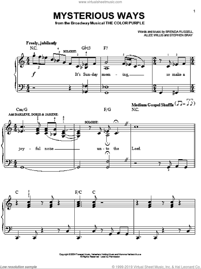 Mysterious Ways sheet music for piano solo by The Color Purple (Musical), Allee Willis, Brenda Russell and Stephen Bray, easy skill level