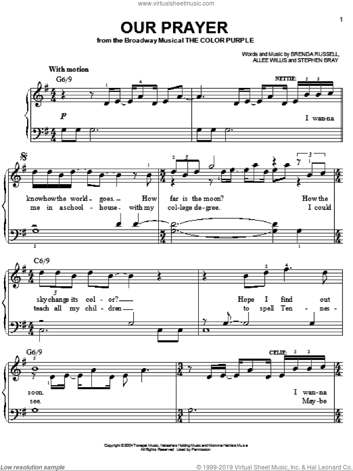 Our Prayer sheet music for piano solo by The Color Purple (Musical), Allee Willis, Brenda Russell and Stephen Bray, easy skill level