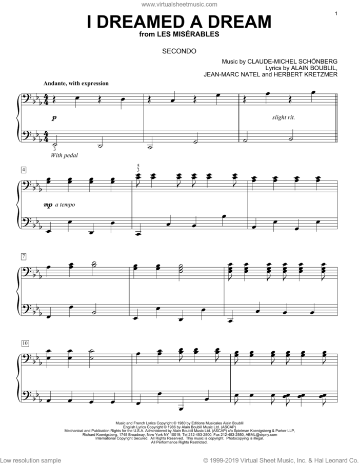I Dreamed A Dream (from Les Miserables) sheet music for piano four hands by Claude-Michel Schonberg, Les Miserables (Musical), Miscellaneous, Alain Boublil, Boublil and Schonberg, Herbert Kretzmer and Jean-Marc Natel, intermediate skill level