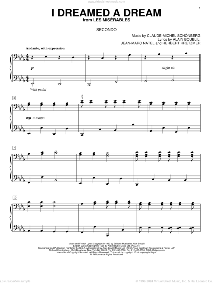 I Dreamed A Dream (from Les Miserables) sheet music for piano four hands by Claude-Michel Schonberg, Les Miserables (Musical), Miscellaneous, Alain Boublil, Boublil and Schonberg, Herbert Kretzmer and Jean-Marc Natel, intermediate skill level