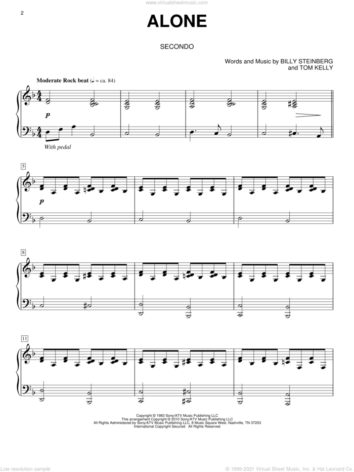 Alone sheet music for piano four hands by Heart, Miscellaneous, Billy Steinberg and Tom Kelly, intermediate skill level