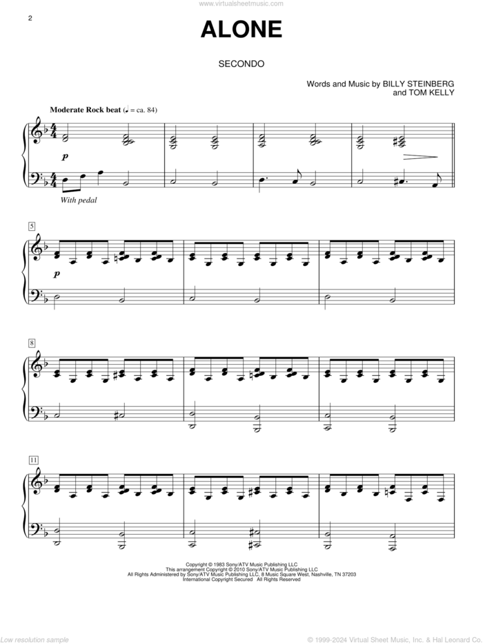 Alone sheet music for piano four hands by Heart, Miscellaneous, Billy Steinberg and Tom Kelly, intermediate skill level