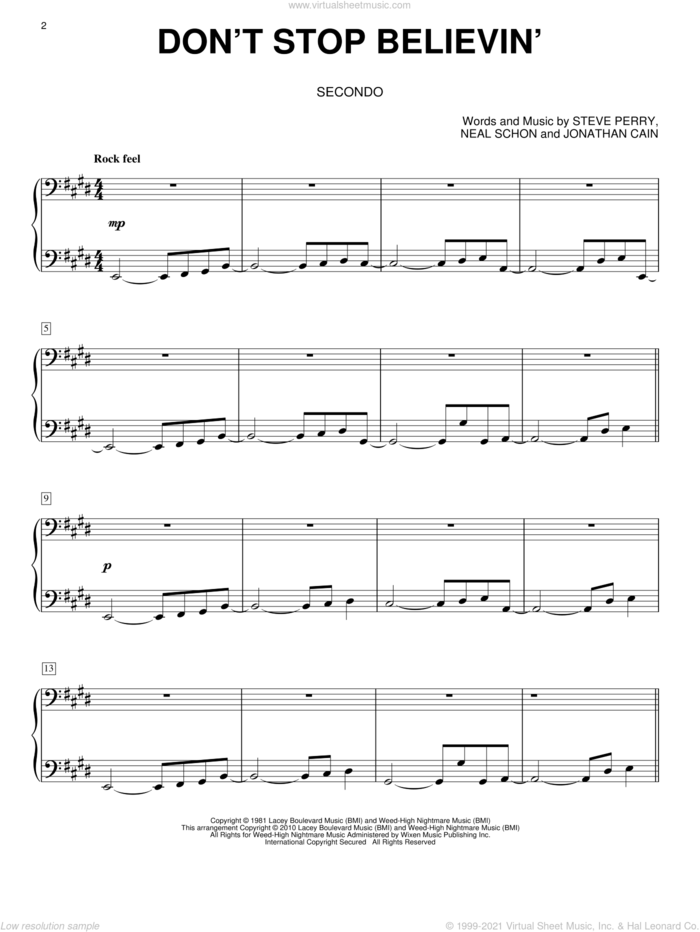 Don't Stop Believin' sheet music for piano four hands by Glee Cast, Journey, Miscellaneous, Jonathan Cain, Neal Schon and Steve Perry, intermediate skill level