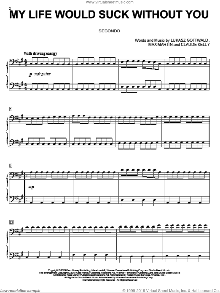 My Life Would Suck Without You sheet music for piano four hands by Kelly Clarkson, Miscellaneous, Claude Kelly, Lukasz Gottwald and Max Martin, intermediate skill level