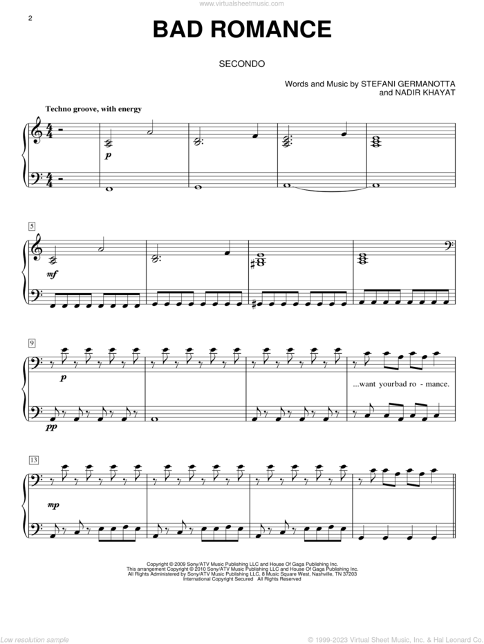 Bad Romance sheet music for piano four hands by Lady GaGa, Miscellaneous and Nadir Khayat, intermediate skill level