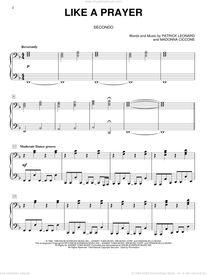 Like A Prayer sheet music for piano four hands by Madonna, Miscellaneous and Patrick Leonard, intermediate skill level