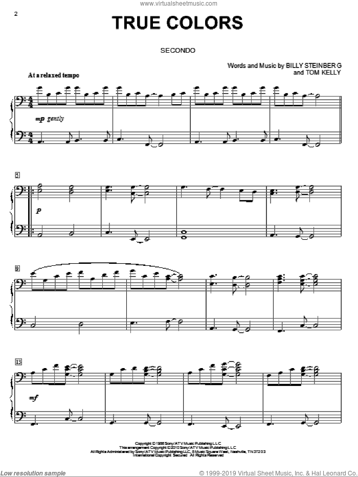 True Colors sheet music for piano four hands by Cyndi Lauper, Miscellaneous, Phil Collins, Billy Steinberg and Tom Kelly, intermediate skill level