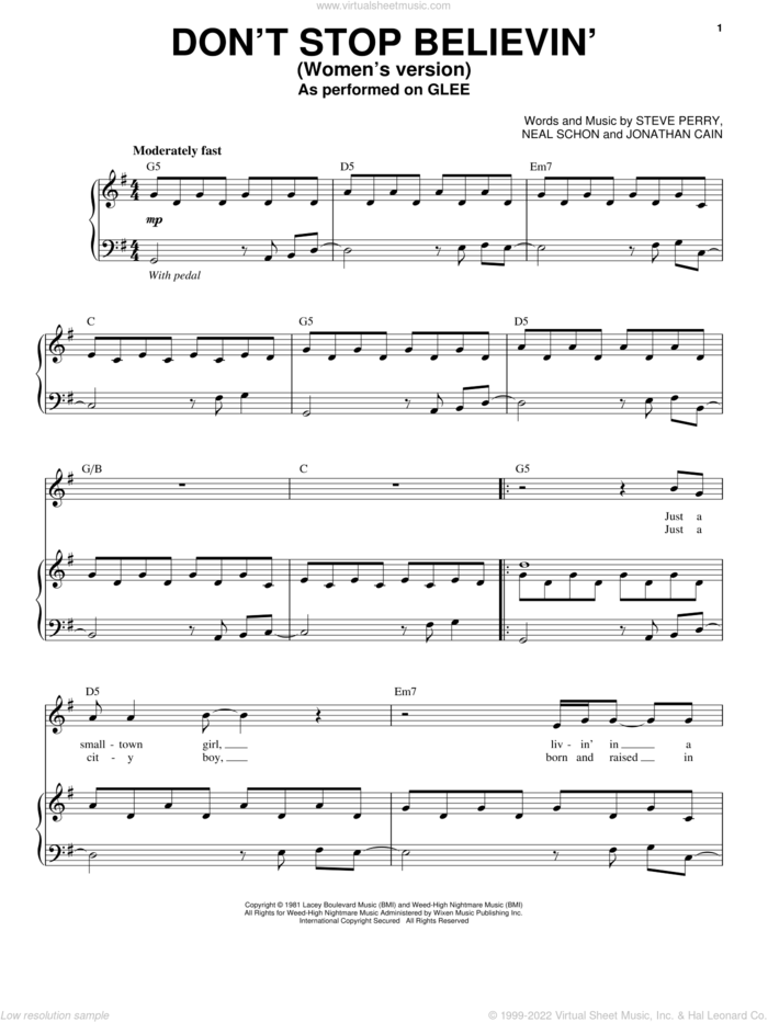 Don't Stop Believin' sheet music for voice and piano by Glee Cast, Journey, Miscellaneous, Jonathan Cain, Neal Schon and Steve Perry, intermediate skill level