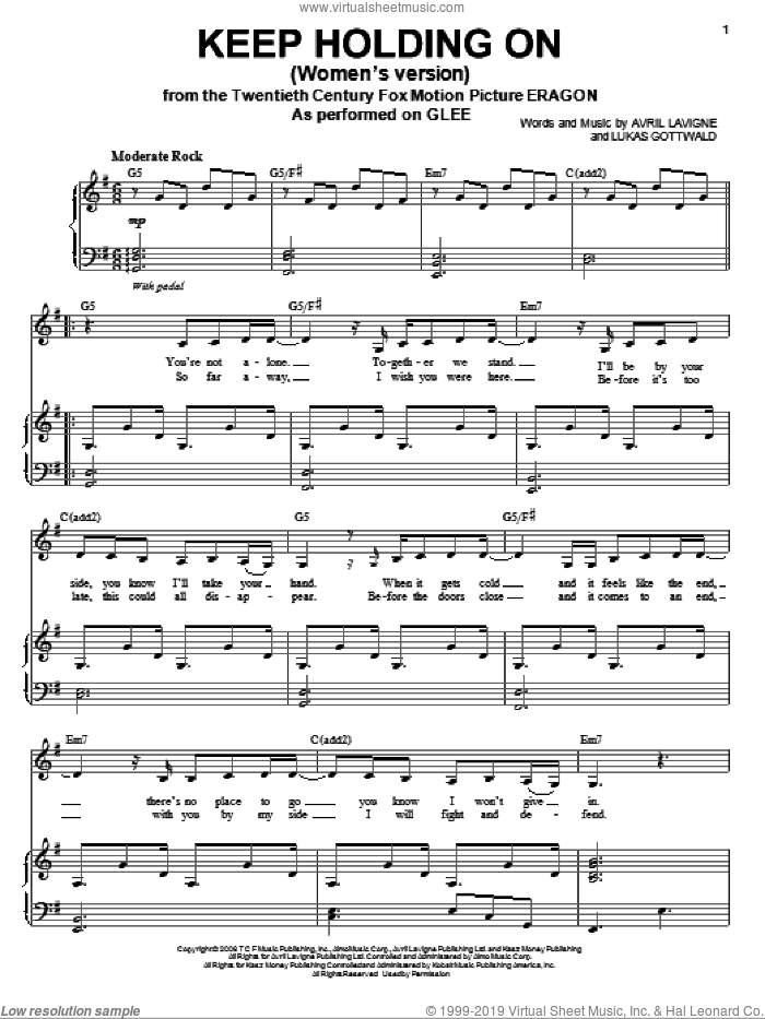 Keep Holding On sheet music for voice and piano by Glee Cast, Eragon (Movie), Miscellaneous, Avril Lavigne and Lukasz Gottwald, intermediate skill level