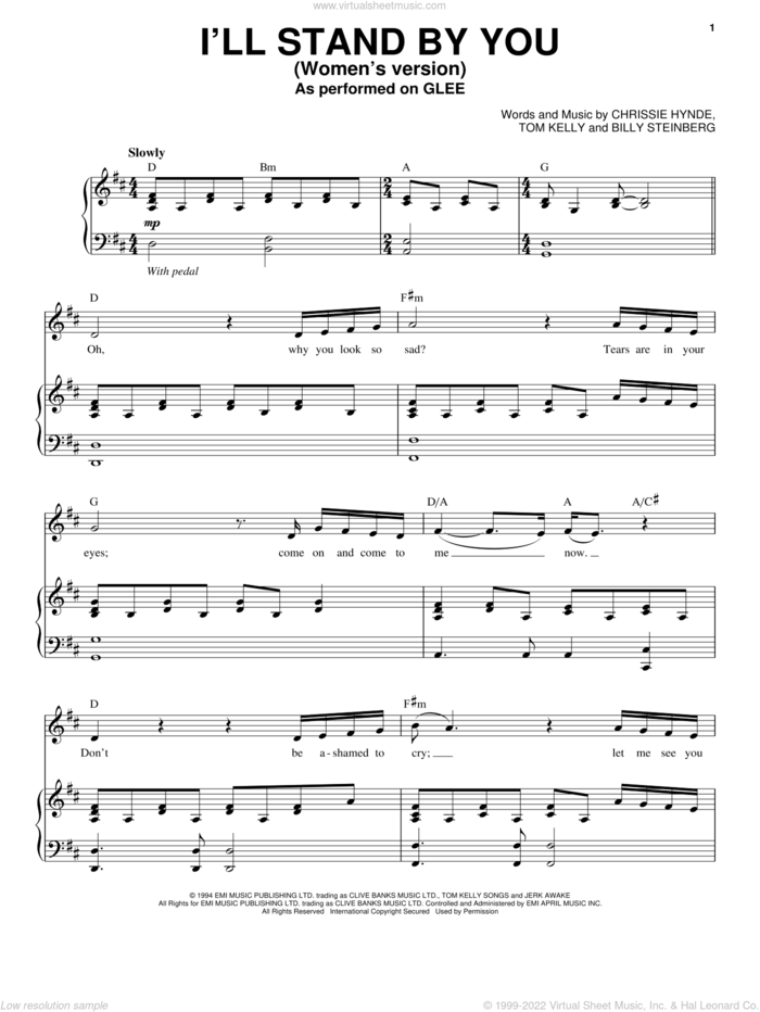 I'll Stand By You sheet music for voice and piano by Glee Cast, Miscellaneous, The Pretenders, Billy Steinberg, Chrissie Hynde and Tom Kelly, intermediate skill level