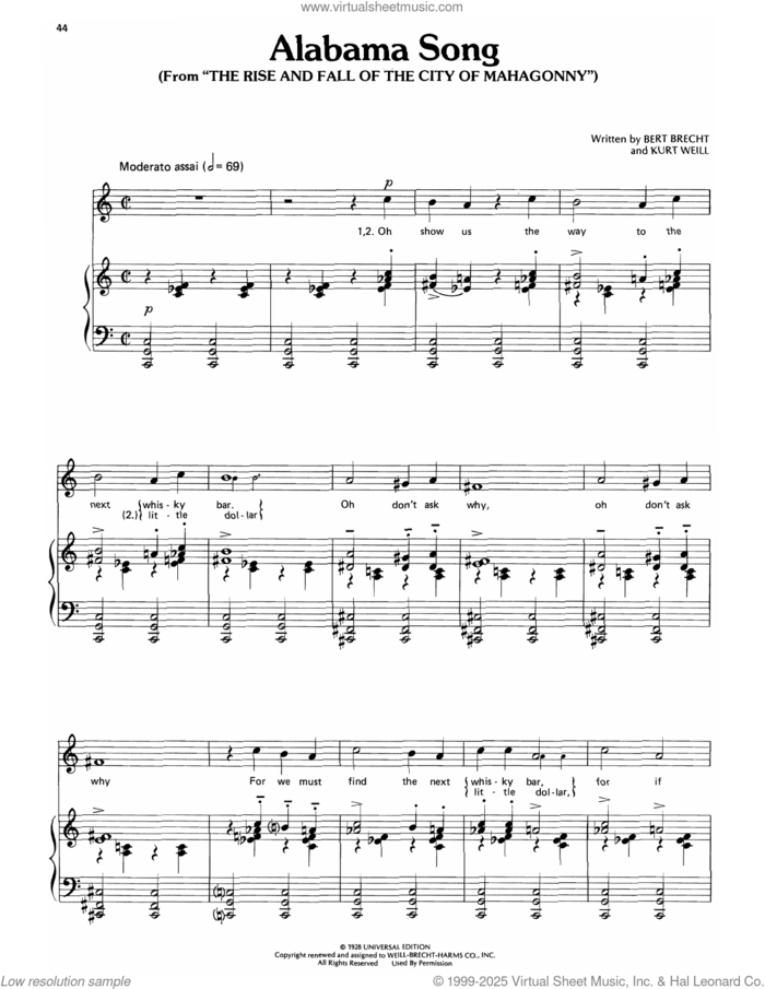 Alabama Song sheet music for voice, piano or guitar by Kurt Weill and Bertolt Brecht, intermediate skill level