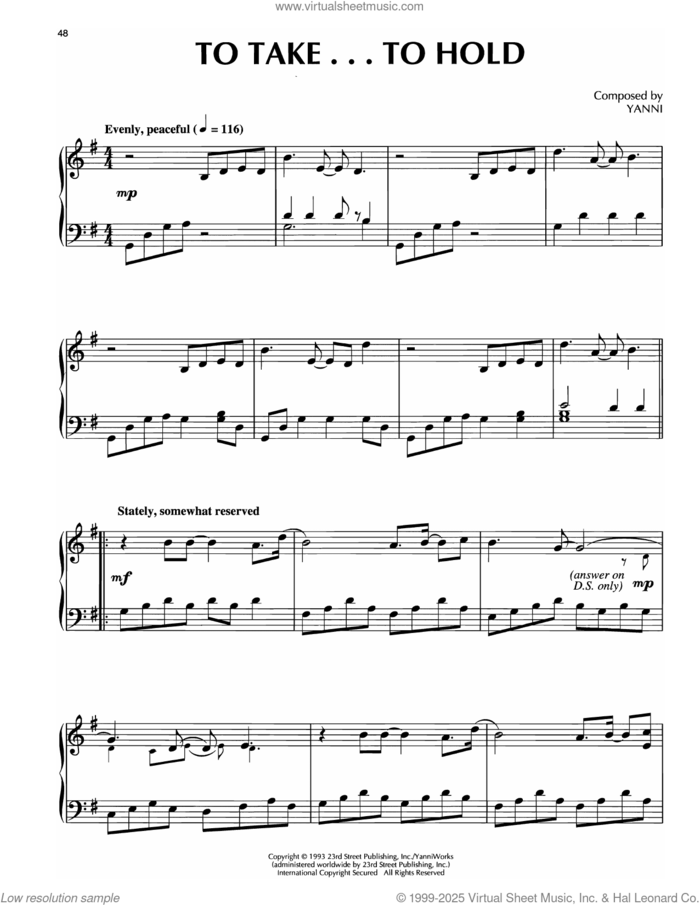 To Take..To Hold sheet music for piano solo by Yanni, intermediate skill level