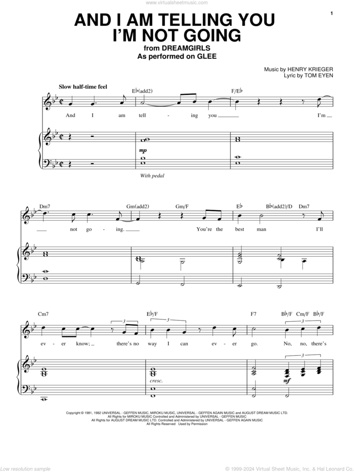 And I Am Telling You I'm Not Going sheet music for voice and piano by Glee Cast, Jennifer Holliday, Jennifer Hudson, Miscellaneous, Henry Krieger and Tom Eyen, intermediate skill level