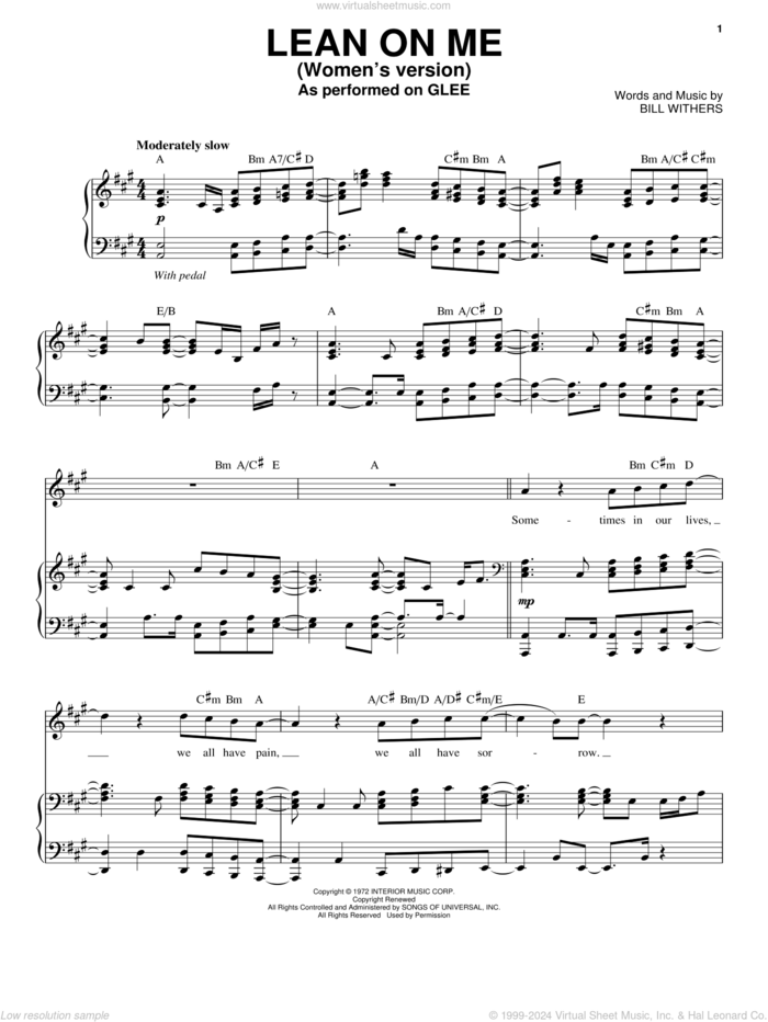 Lean On Me sheet music for voice and piano by Glee Cast, Miscellaneous and Bill Withers, intermediate skill level