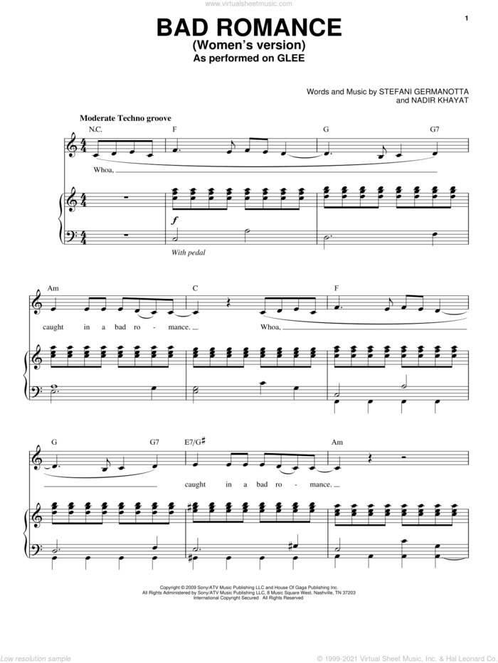 Bad Romance sheet music for voice and piano by Glee Cast, Lady GaGa, Miscellaneous, Lady Gaga and Nadir Khayat, intermediate skill level