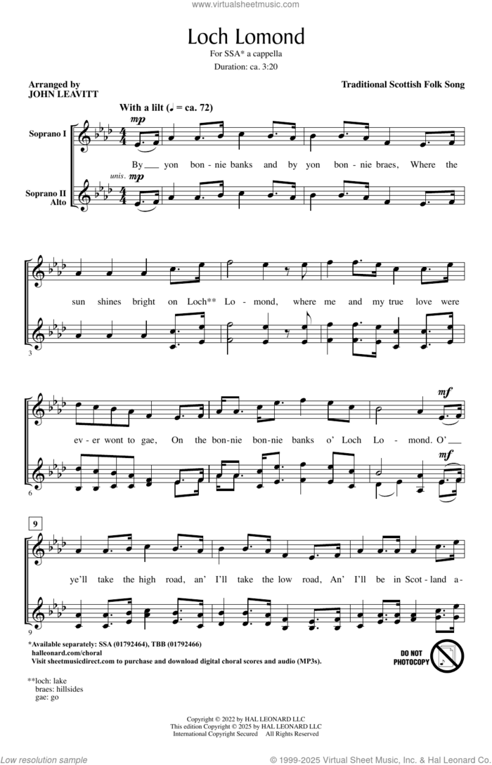 Loch Lomond (arr. John Leavitt) sheet music for choir (SSA: soprano, alto) by Scottish Folk Song and John Leavitt, intermediate skill level