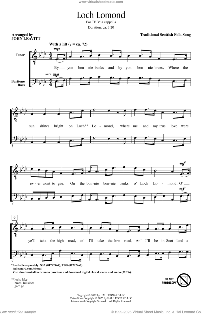 Loch Lomond (arr. John Leavitt) sheet music for choir (TBB: tenor, bass) by Scottish Folk Song and John Leavitt, intermediate skill level