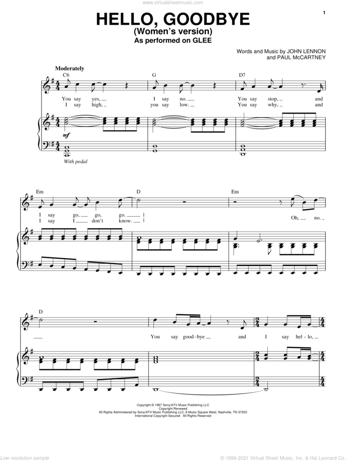 Hello, Goodbye sheet music for voice and piano by Glee Cast, Miscellaneous, The Beatles, John Lennon and Paul McCartney, intermediate skill level