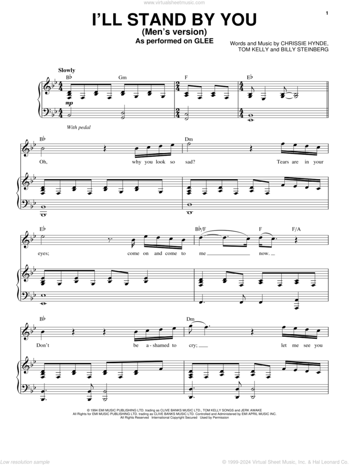 I'll Stand By You sheet music for voice and piano by Glee Cast, Miscellaneous, The Pretenders, Billy Steinberg, Chrissie Hynde and Tom Kelly, intermediate skill level