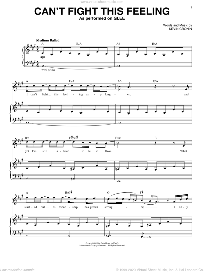 Can't Fight This Feeling sheet music for voice and piano by Glee Cast, Miscellaneous, REO Speedwagon and Kevin Cronin, intermediate skill level