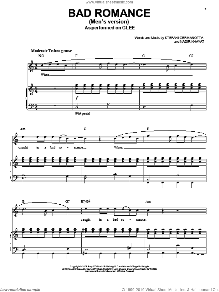 Bad Romance sheet music for voice and piano by Glee Cast, Lady GaGa, Miscellaneous, Lady Gaga and Nadir Khayat, intermediate skill level