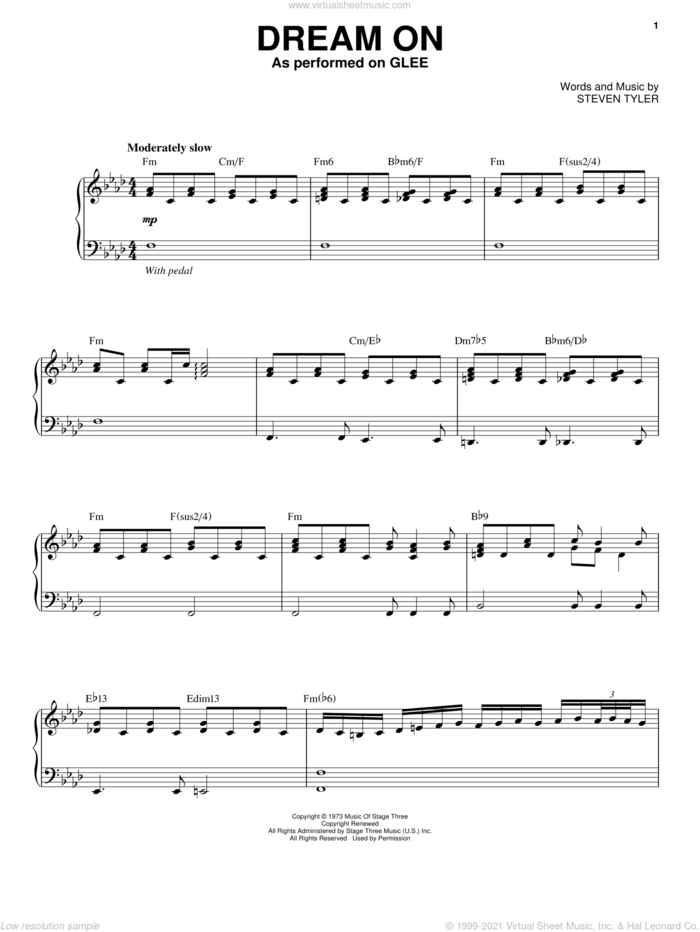 Dream On sheet music for voice and piano by Glee Cast, Aerosmith, Miscellaneous and Steven Tyler, intermediate skill level