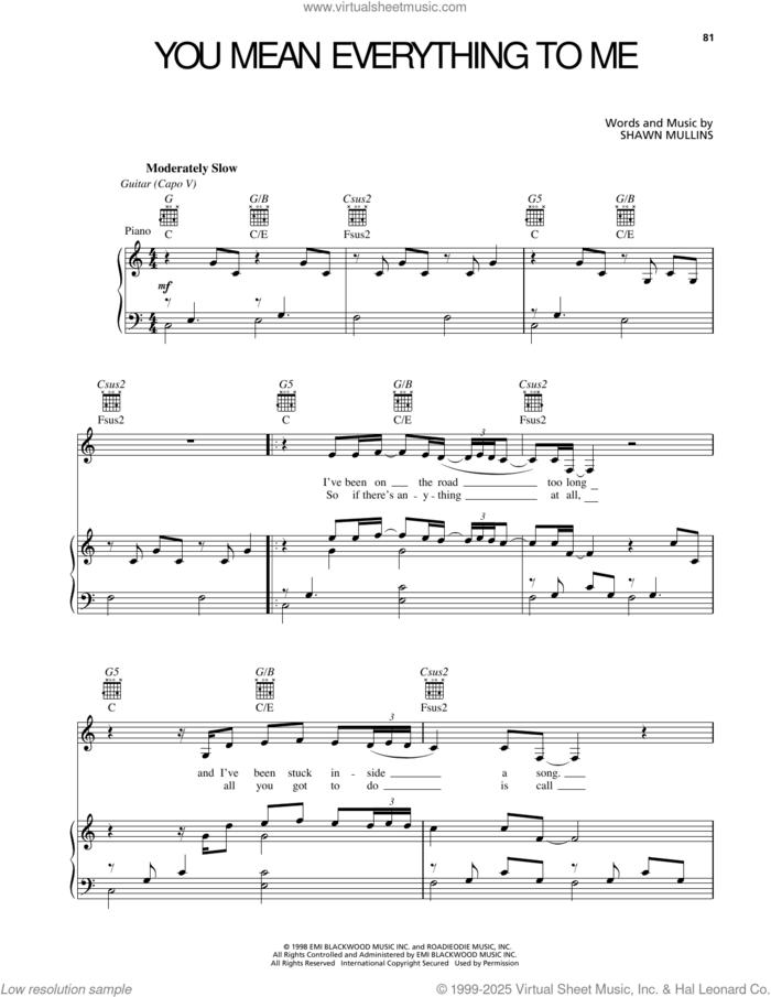 You Mean Everything To Me sheet music for voice, piano or guitar by Shawn Mullins, intermediate skill level