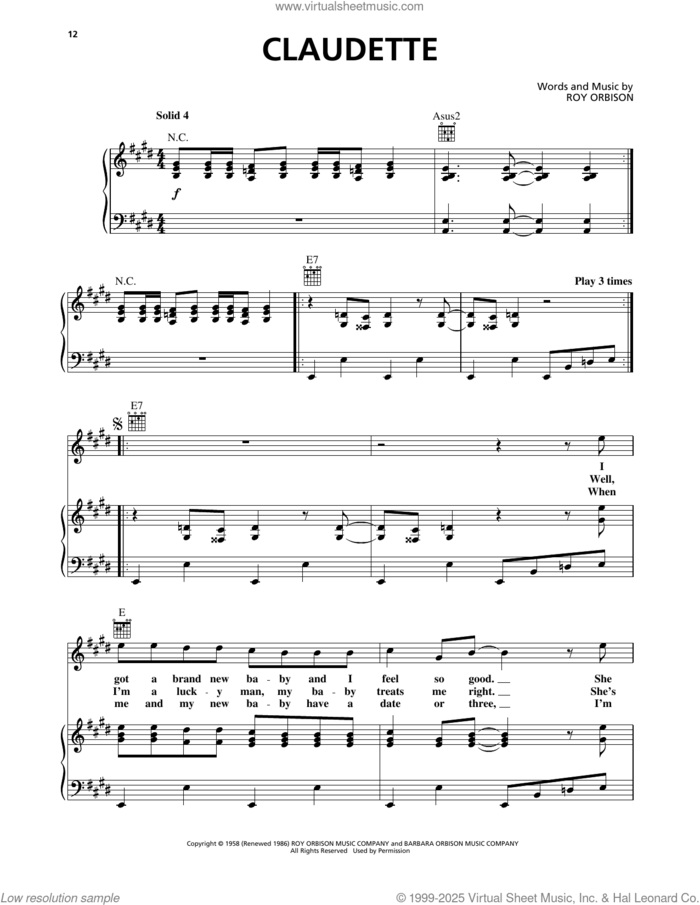 Claudette sheet music for voice, piano or guitar by Roy Orbison, intermediate skill level