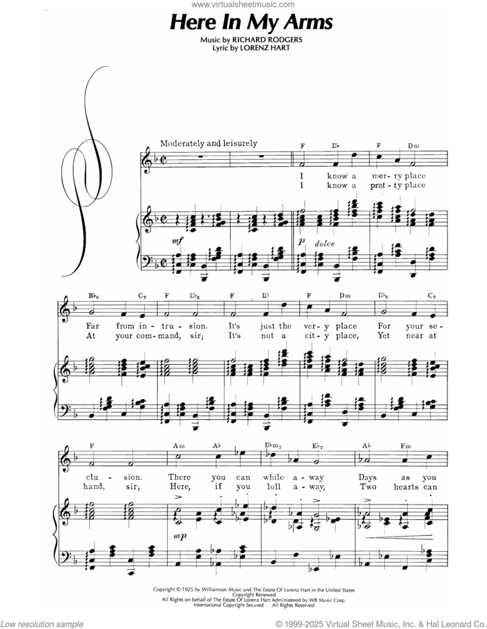 Here In My Arms (from Dearest Enemy) sheet music for voice, piano or guitar by Lorenz Hart and Richard Rodgers, intermediate skill level