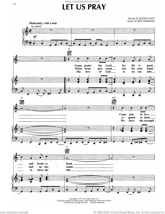 Let Us Pray sheet music for voice, piano or guitar by Elvis Presley, Ben Weisman and Buddy Kaye, intermediate skill level