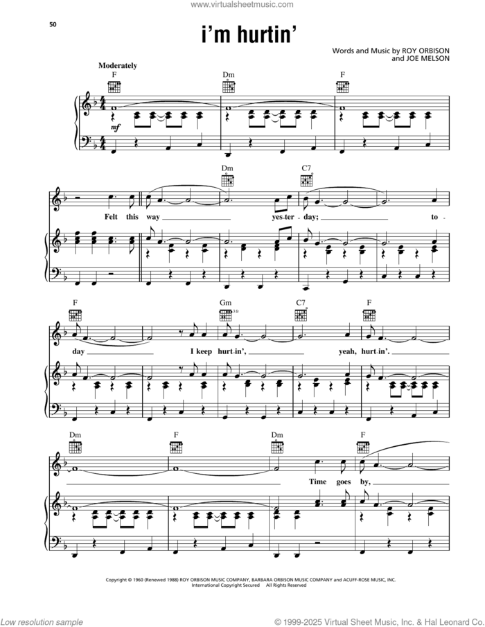 I'm Hurtin' sheet music for voice, piano or guitar by Roy Orbison and Joe Melson, intermediate skill level