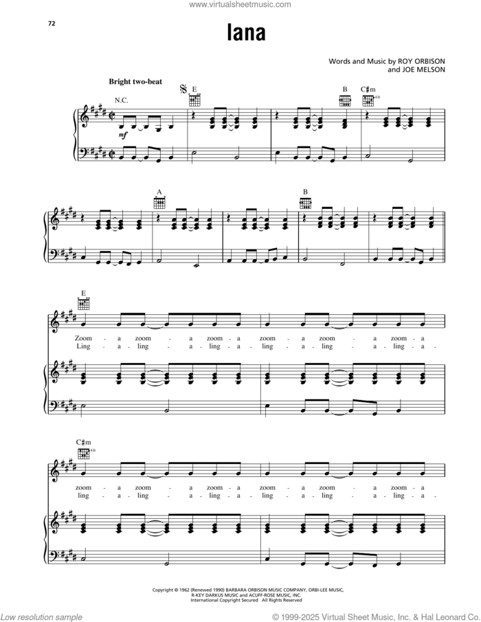 Lana sheet music for voice, piano or guitar by Roy Orbison and Joe Melson, intermediate skill level