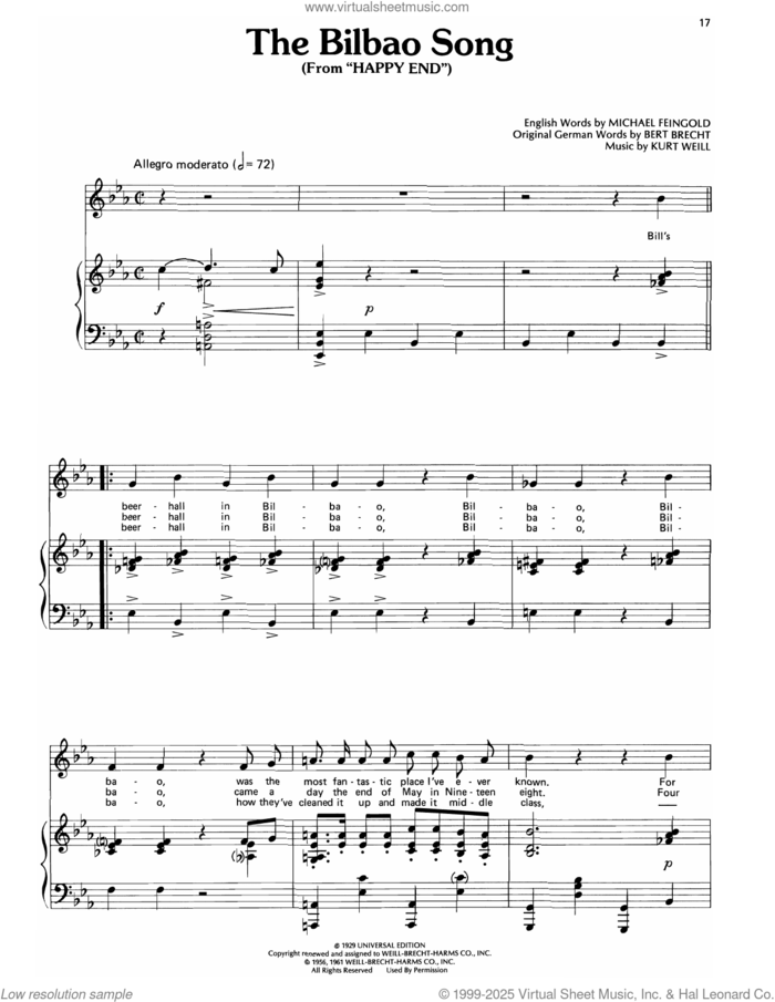 The Bilbao Song (from Happy End) sheet music for voice, piano or guitar by Kurt Weill, intermediate skill level